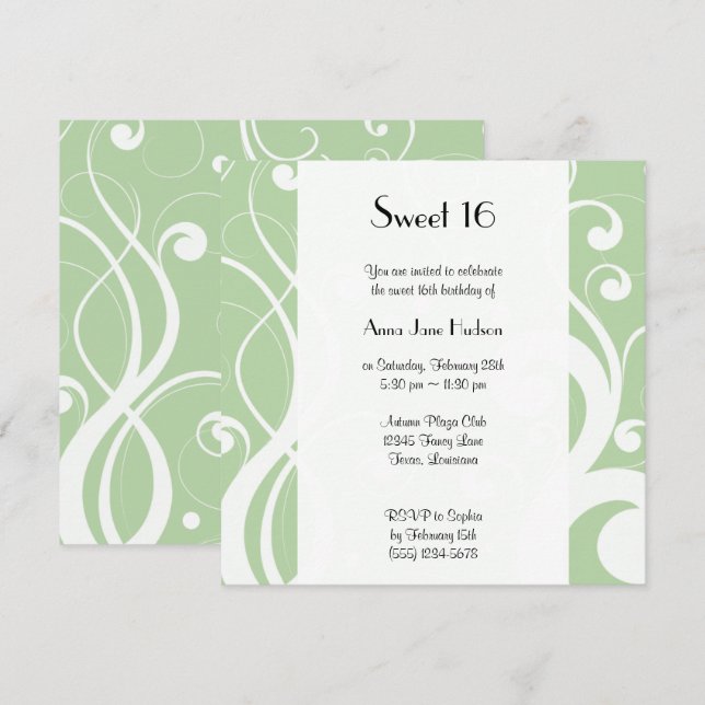 Invitación Patrón De Swirls, Patrón De Swirl, Verde, Dulce 16 (Anverso / Reverso)