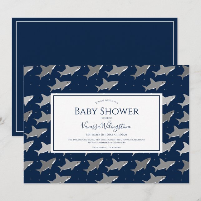 Invitación Patrón de tiburón Baby Shower gris azul oscuro (Anverso / Reverso)