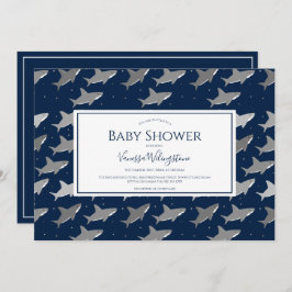 Invitación Patrón de tiburón Baby Shower gris azul oscuro