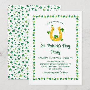 Invitación Patrón de trébol de herradura dorada Día de San Pa