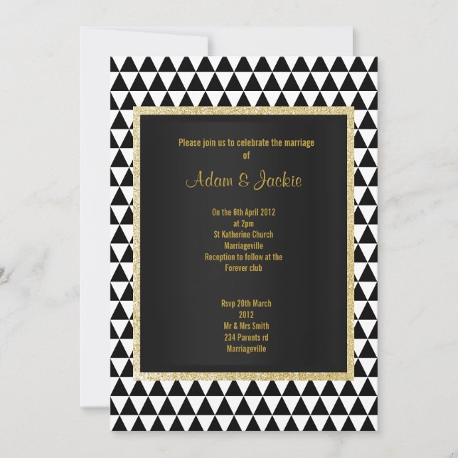 Invitación Patrón de triángulo blanco negro boda oro moderno (Anverso)
