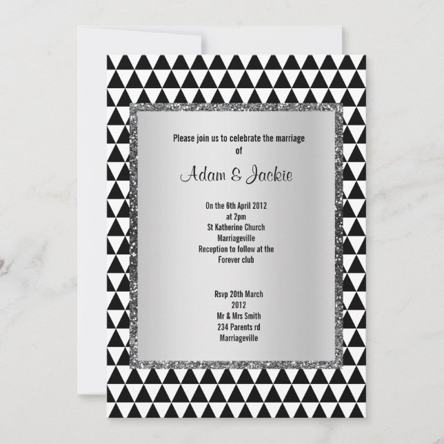 Invitación Patrón de triángulo blanco negro purpurina moderno (Anverso)