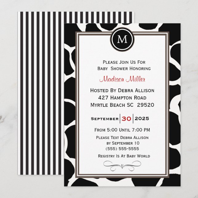Invitación Patrón de vaca monogramo y rayas Baby Shower (Anverso / Reverso)