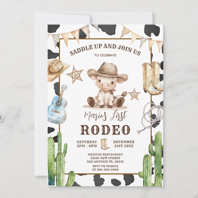 Invitación Patrón de vacas salvaje oeste mi primer cumpleaños (Anverso)