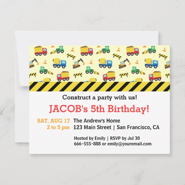 Invitación Patrón de Vehículos de Construcción Fiesta de Cump (Anverso)