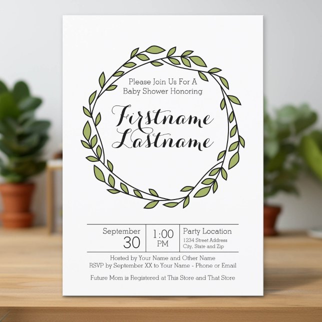 Invitación Patrón de Wreath de Laurel moderno Baby Shower (Custom Invitation with Download Option)