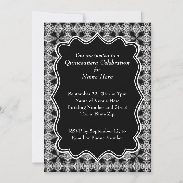 Invitación Patrón decorativo negro y blanco Quinceanera (Anverso)