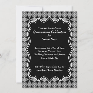 Invitación Patrón decorativo negro y blanco Quinceanera