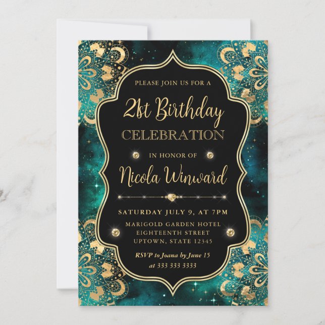 Invitación Patrón Dharma Verde y Dorado Cumpleaños 21 (Anverso)