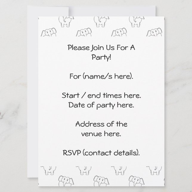 Invitación Patrón elefante blanco y negro. (Anverso)