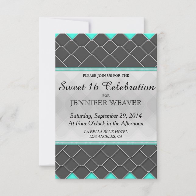 Invitación Patrón elegante moderno negro, blanco y azul teal  (Anverso)