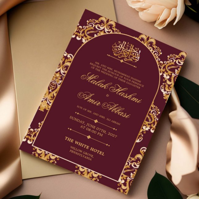 Invitación Patrón elegante rojo Boda musulmán islámico de oro (Subido por el creador)