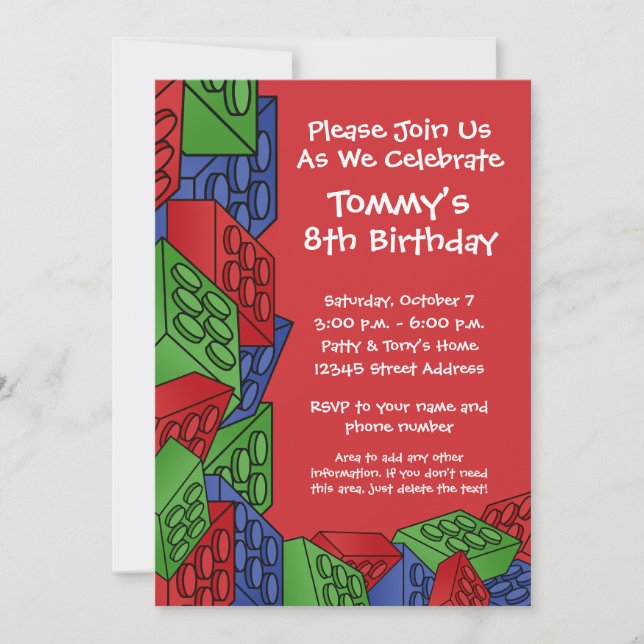 Invitación Patrón - Fiesta de cumpleaños de los bloques de co (Anverso)