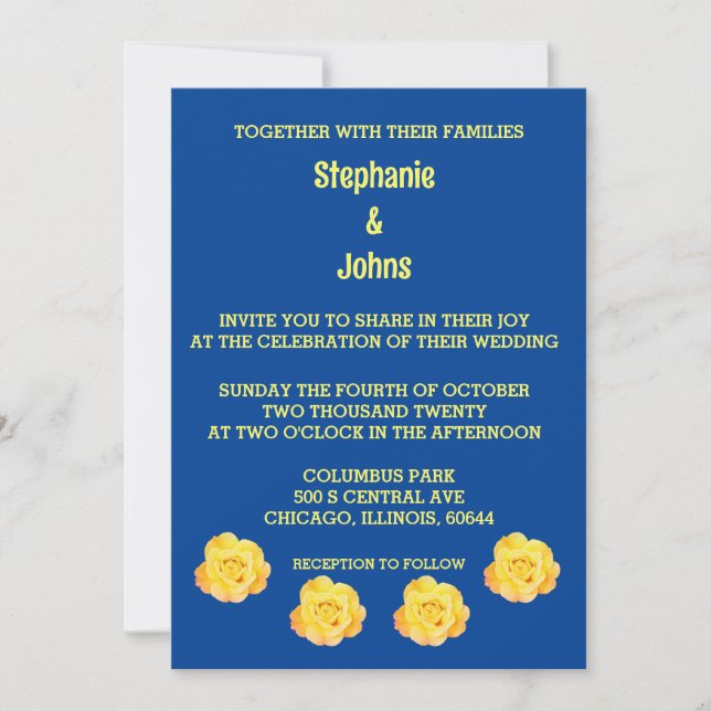 Invitación Patrón floral amarillo azul elegante Boda elegante (Anverso)