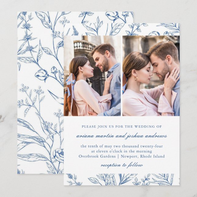 Invitación Patrón floral azul bonito Dos Bodas fotográficos (Anverso / Reverso)