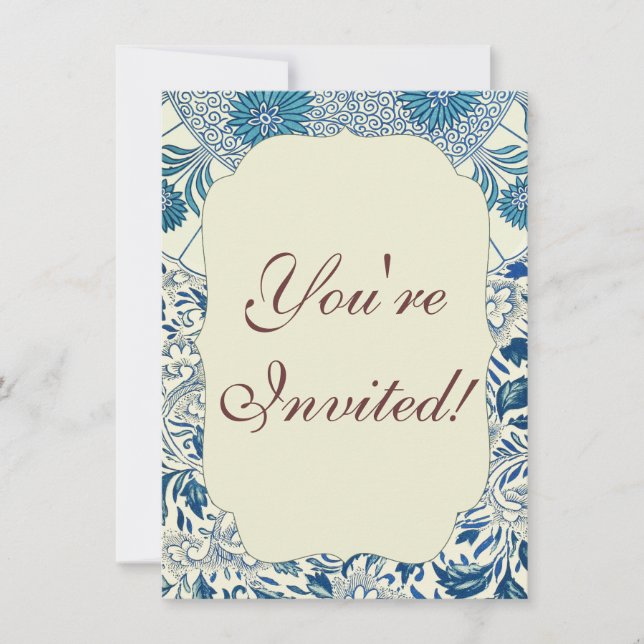 Invitación Patrón floral azul Diseño antiguo asiático (Anverso)