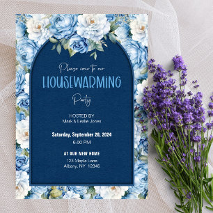 Invitación Patrón Floral Azul Elegante Fiesta de Calentamient