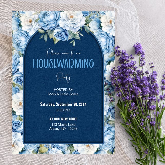 Invitación Patrón Floral Azul Elegante Fiesta de Calentamient (Subido por el creador)