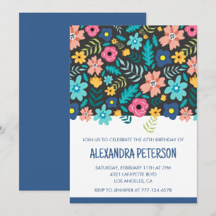 Invitación Patrón floral azul marino cumpleaños 67