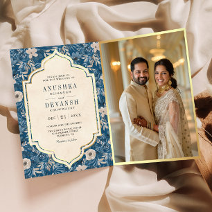 Invitación Patrón floral azul vintage Código QR Boda indio