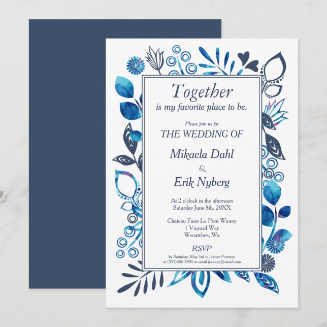 Invitación Patrón floral azul y azul-gris de cristal (Anverso / Reverso)