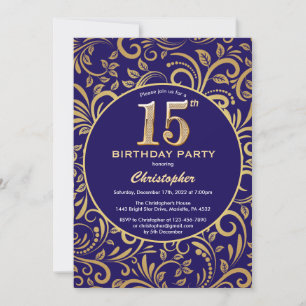 Invitación Patrón floral azul y dorado de la Marina de los 15