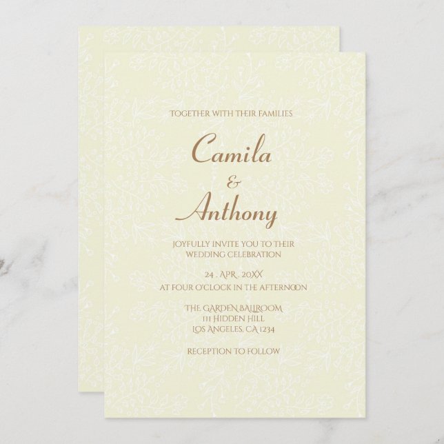 Invitación Patrón floral blanco beige - Boda de borde de impr (Anverso / Reverso)