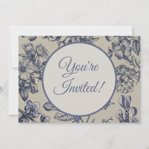 Invitación Patrón Floral Botánico Toile Azul Vintage