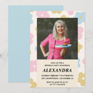 Invitación Patrón floral de foto retro cumpleaños 71