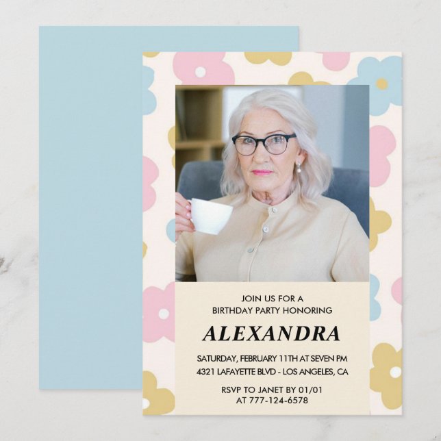 Invitación Patrón floral de foto retro cumpleaños 99 (Anverso / Reverso)