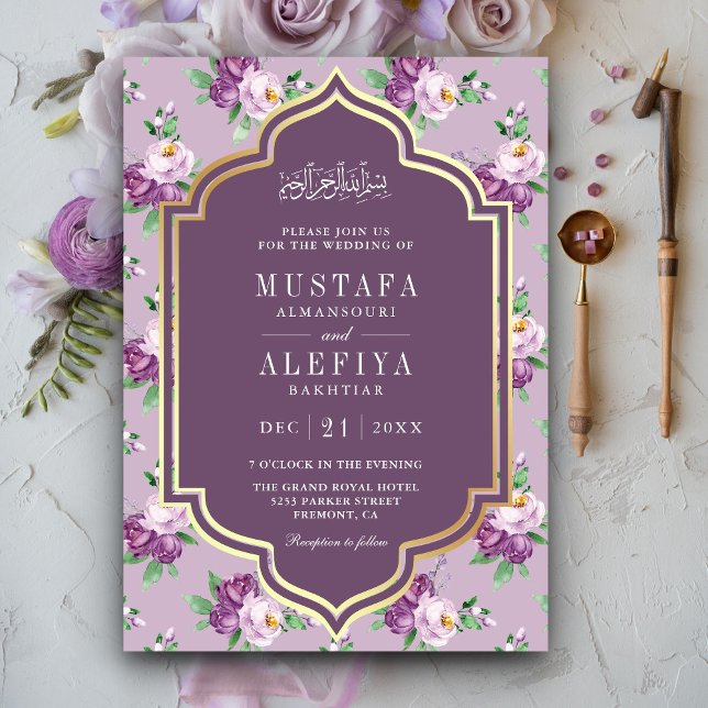 Invitación Patrón floral de oro morado Boda musulmán (Subido por el creador)