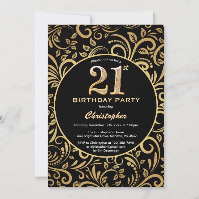 Invitación Patrón floral de oro y negro de cumpleaños 21 (Anverso)