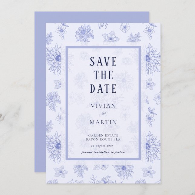 Invitación Patrón floral de sombra azul neutra Guardar la fec (Anverso / Reverso)