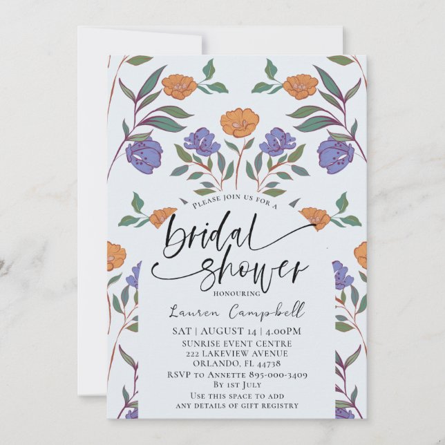 Invitación Patrón floral Ducha azul turbulenta y Naranja de n (Anverso)