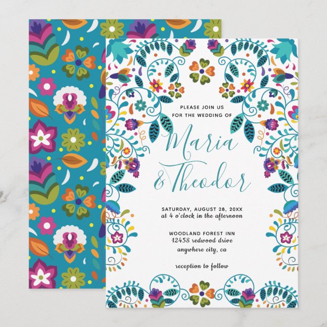 Invitación Patrón floral estilo mexicano Boda de lujo (Anverso / Reverso)