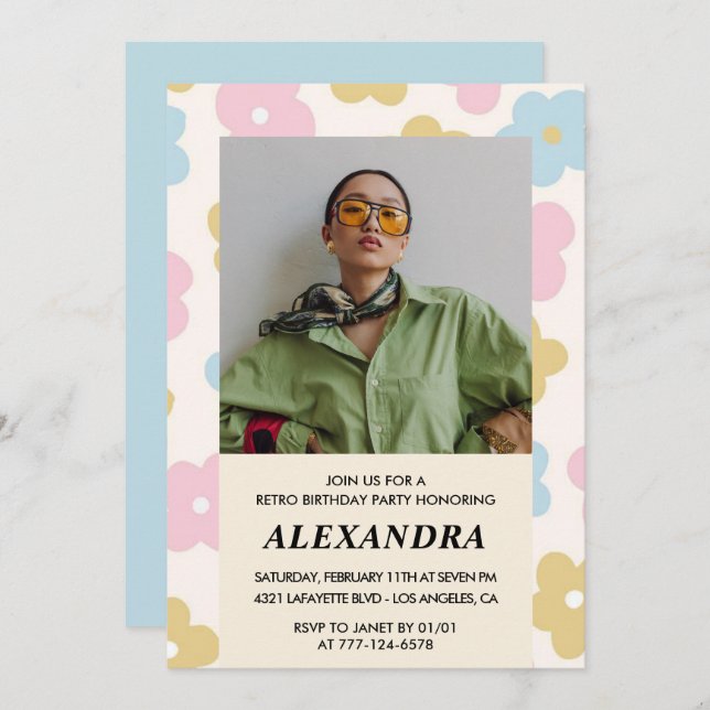 Invitación Patrón floral fotográfico retro cumpleaños 38 (Anverso / Reverso)
