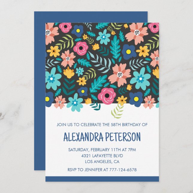 Invitación Patrón floral Marina azul 58 cumpleaños (Anverso / Reverso)