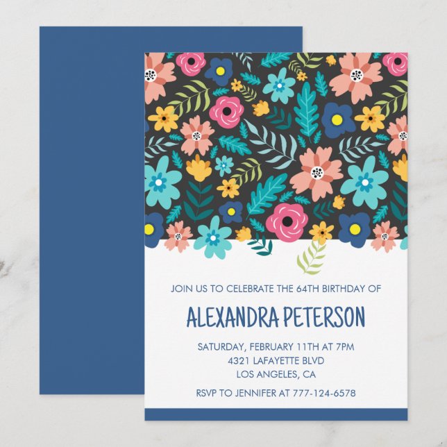 Invitación Patrón floral Marina azul cumpleaños 64 (Anverso / Reverso)