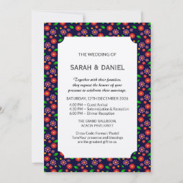 Invitación Patrón floral minimalista moderno azul oscuro 