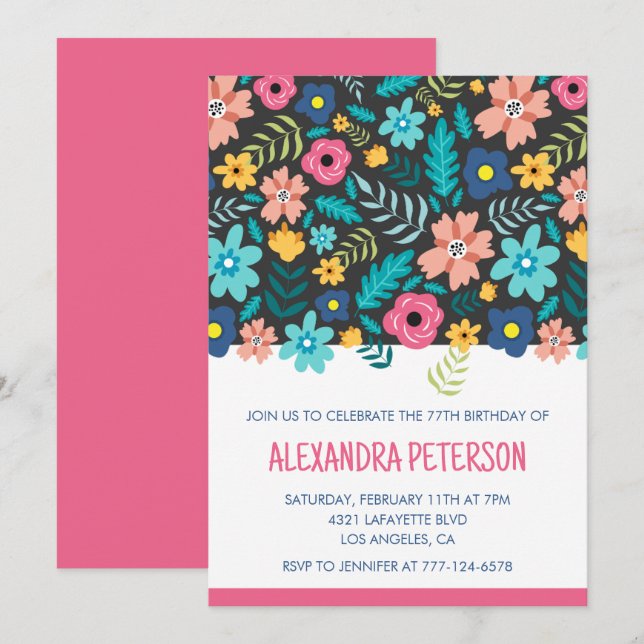 Invitación Patrón floral moderno cumpleaños 77 (Anverso / Reverso)