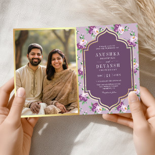 Invitación Patrón floral púrpura Código QR Boda indio