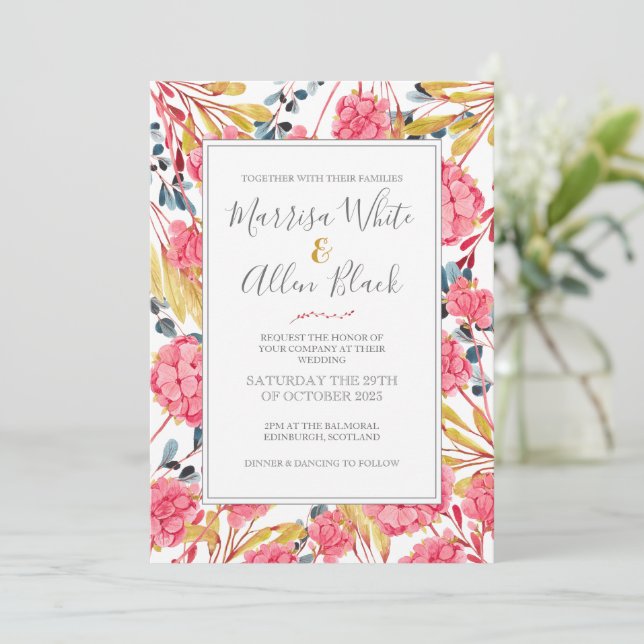 Invitación Patrón floral rosa brillante (Anverso de pie)