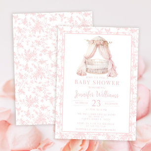 Invitación Patrón floral rosa con niña en cuna para baby show