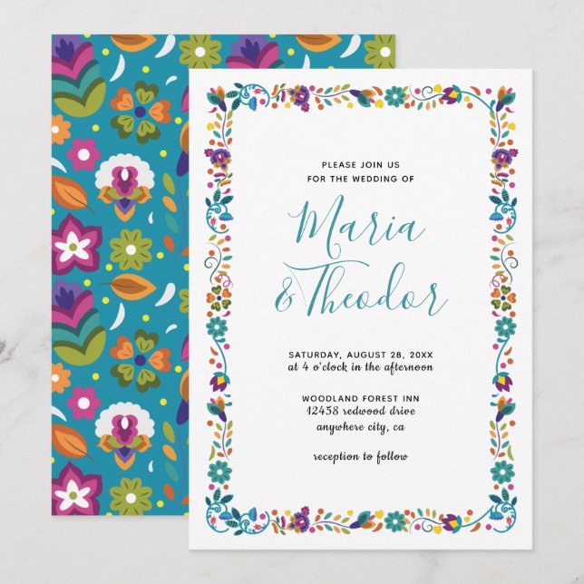 Invitación Patrón floral simple Boda de estilo mexicano (Anverso / Reverso)