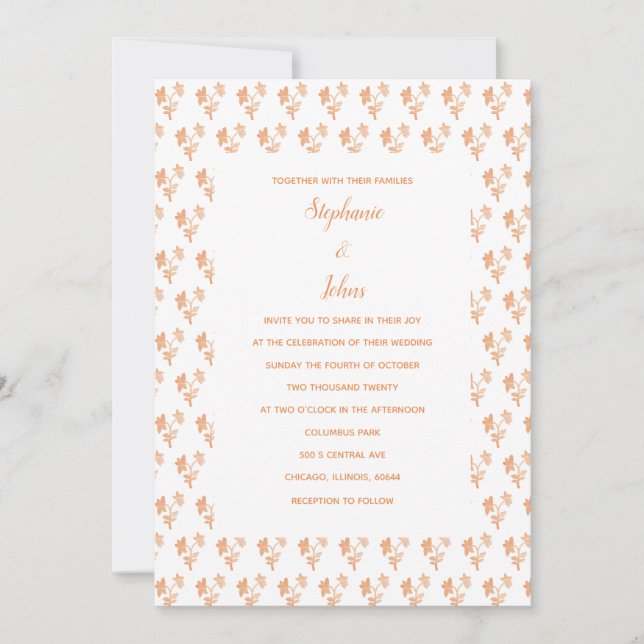 Invitación Patrón floral Terracotta Naranja Boda Rústico (Anverso)