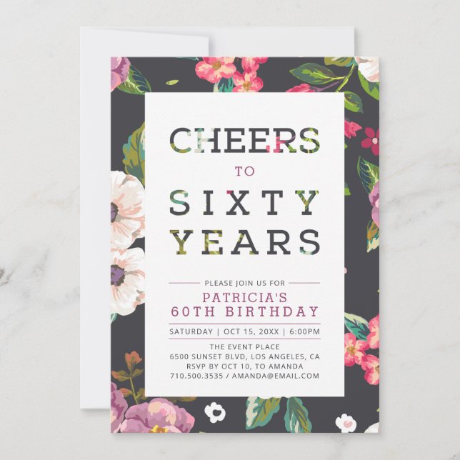 Invitación Patrón floral tropical 60. Fiesta de cumpleaños (Anverso)