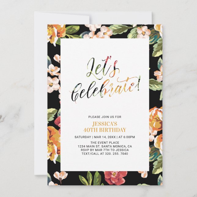 Invitación Patrón floral tropical Adulto 40 Fiesta de cumplea (Anverso)