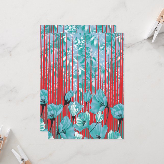 Invitación Patrón floral vibrante con flores turquesas, rojo (Anverso/Reverso In Situ)