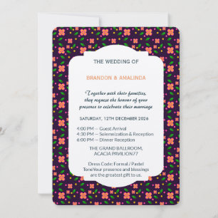Invitación Patrón floral vibrante sin costuras sobre fondo pú