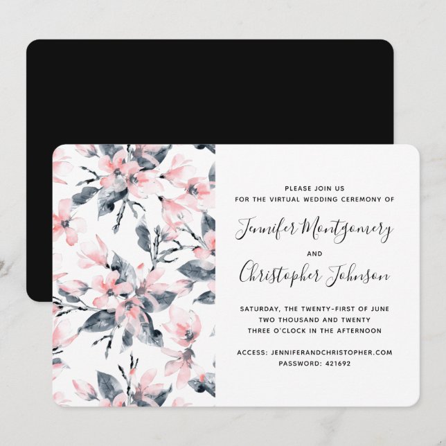 Invitación Patrón floral virtual de acuarela rosa y gris (Anverso / Reverso)